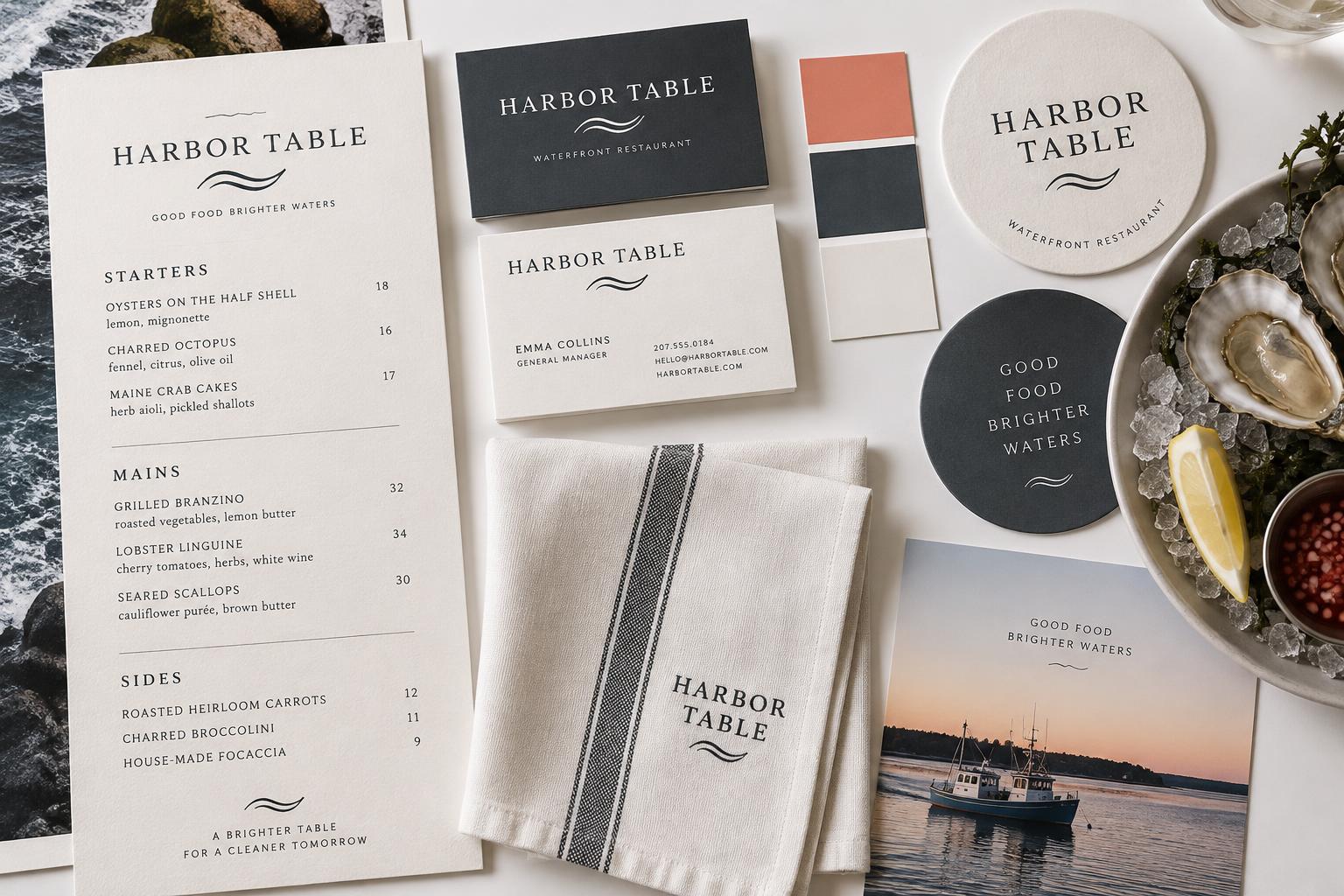 Harbor Table — Branding and print concepts