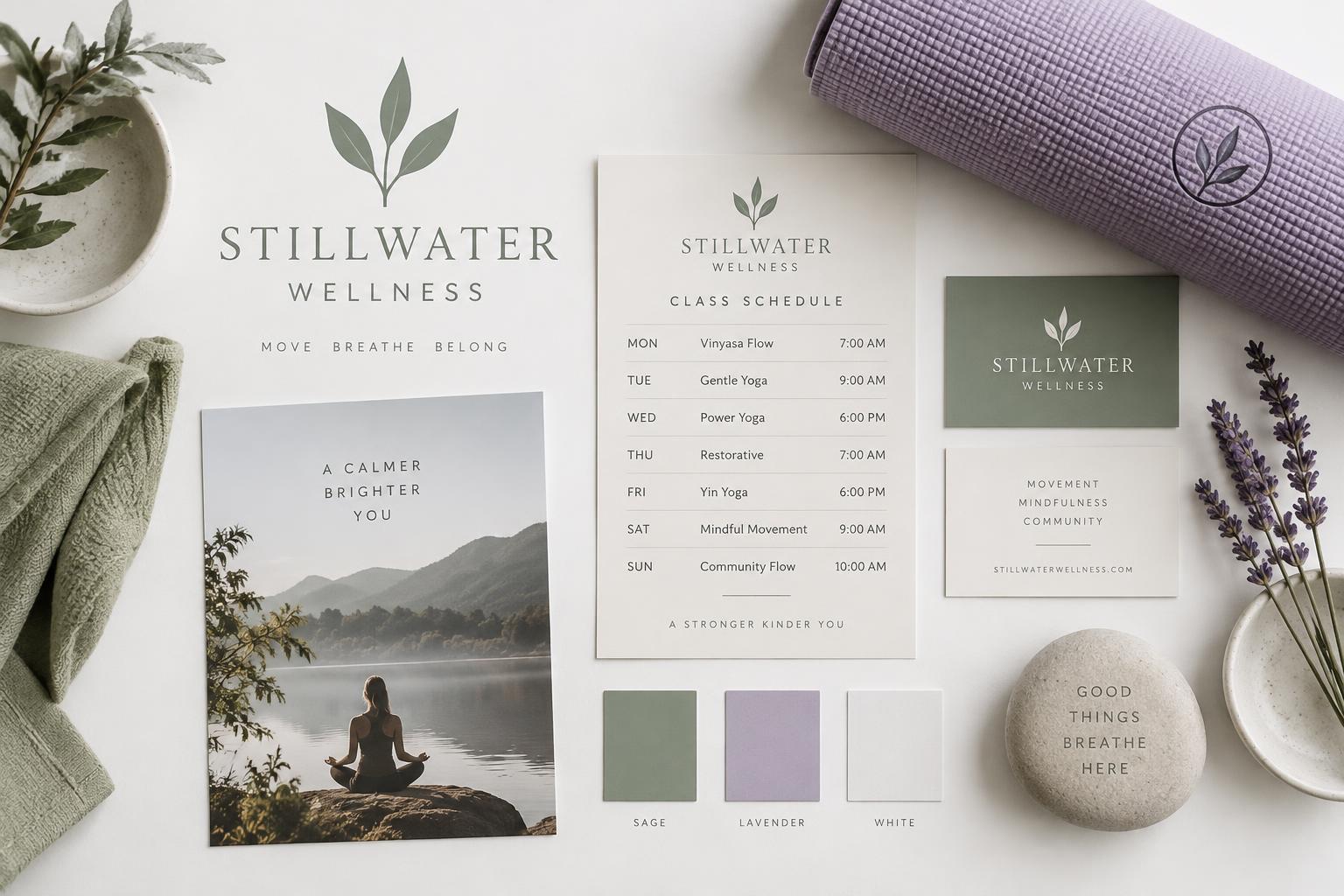 Stillwater Wellness — Branding and print concepts